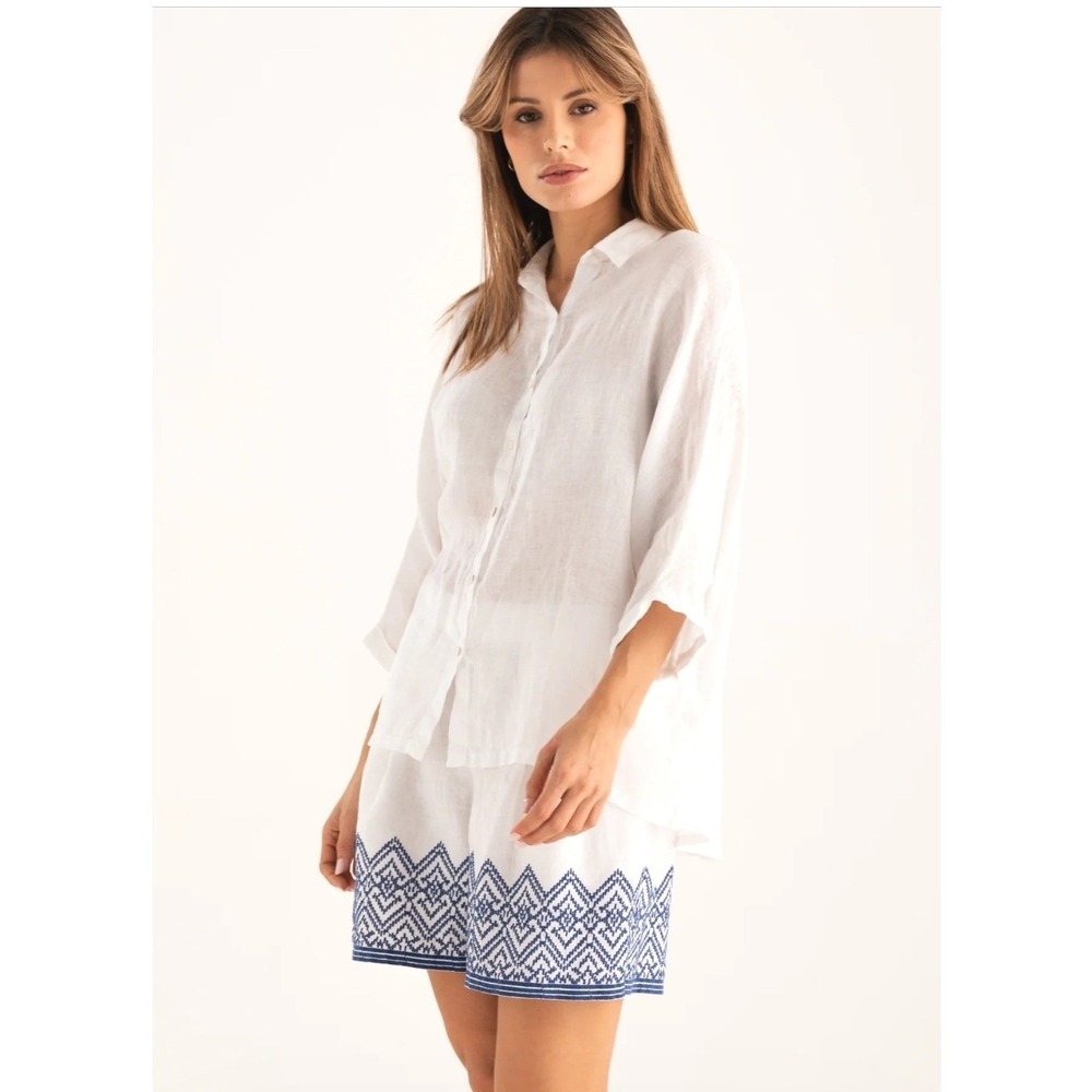 120% Lino Oversized Linen Shirt L White Wide Sleeve ButtonDown Quiet Luxury Boho